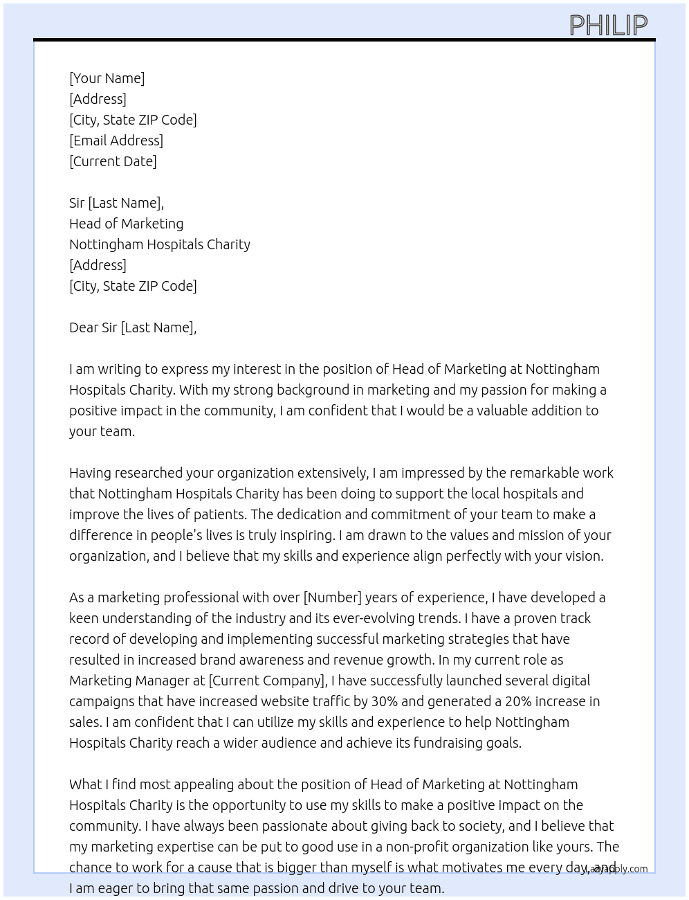 Head of marketing  At Nottingham Hospitals charity  Cover Letter