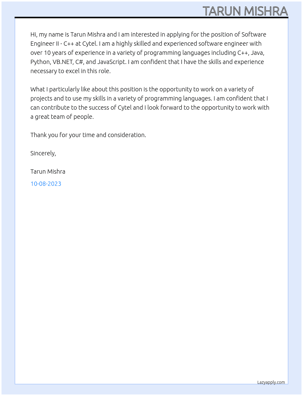 Software Engineer II - C++  At Cytel Cover Letter