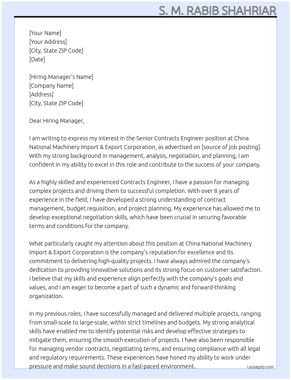Senior Contracts Engineer At China National Machinery Import & Export Corporation Cover Letter