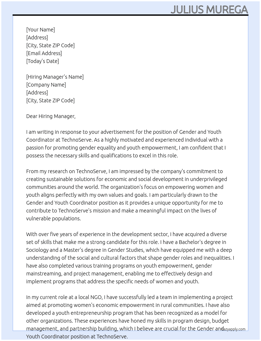 Gender and Youth Coordinator At TechnoServe Cover Letter