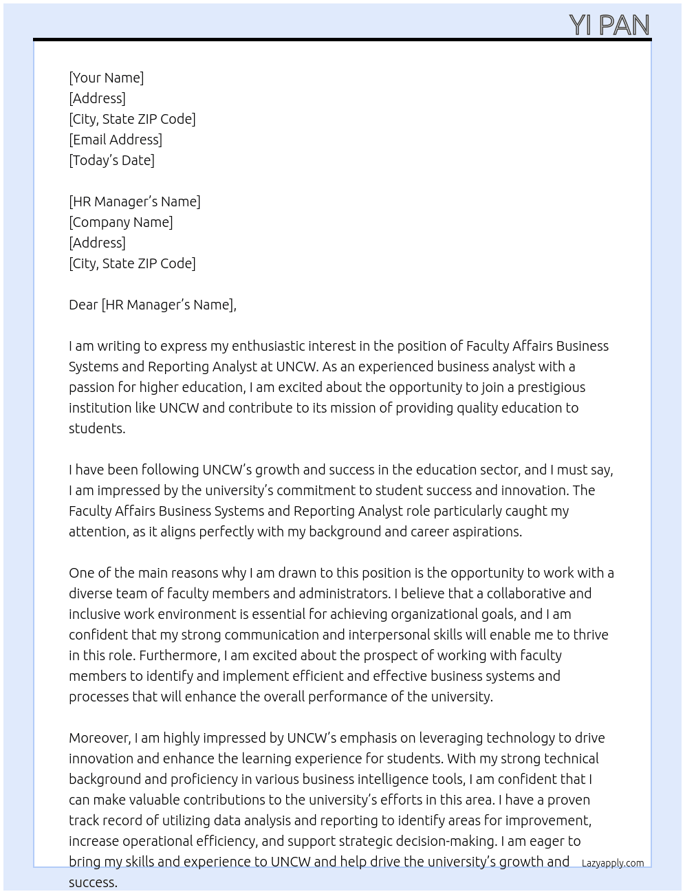 Faculty Affairs Business Systems and Reporting Analyst At UNCW Cover Letter