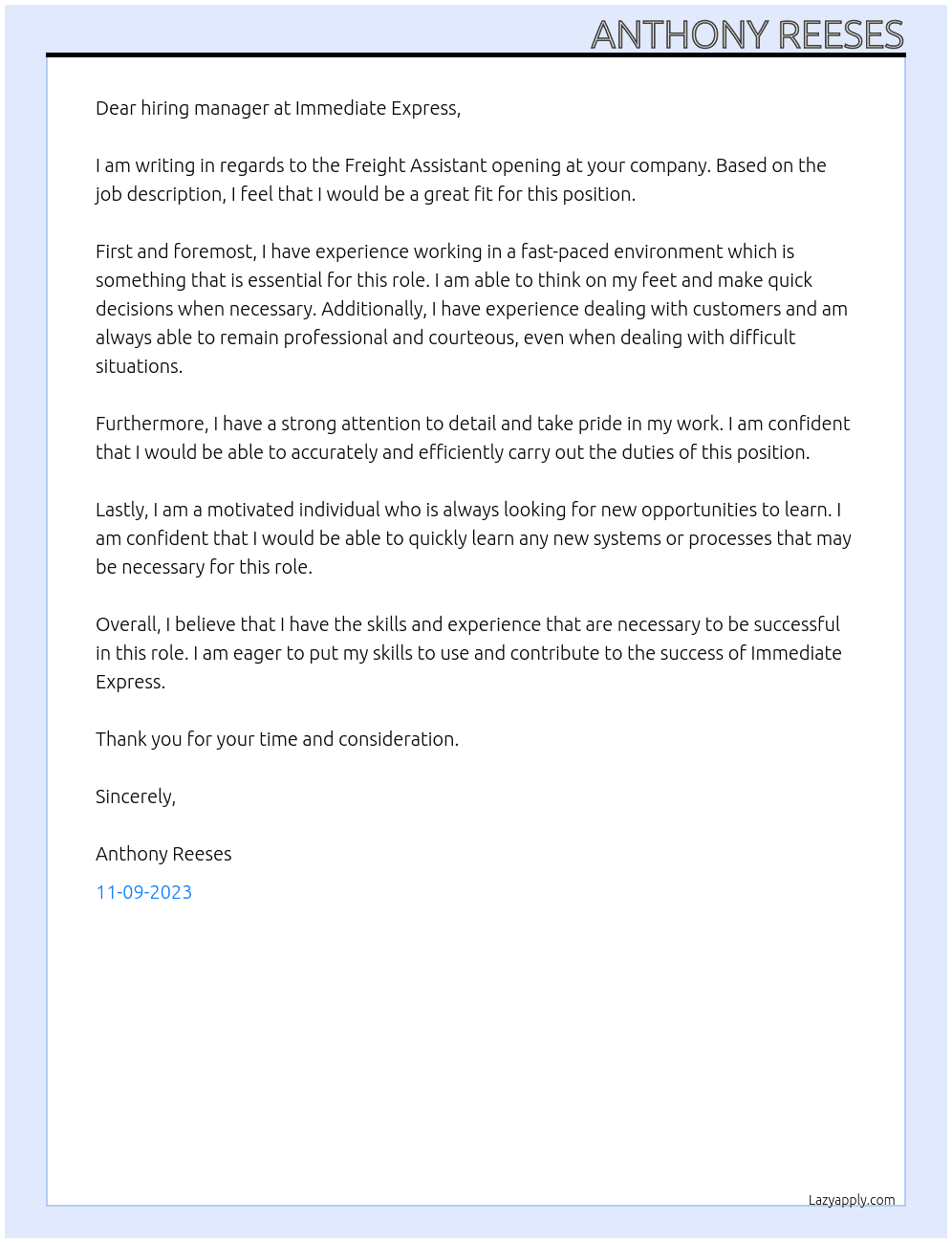 Freight Assistant At Immediate Express Cover Letter
