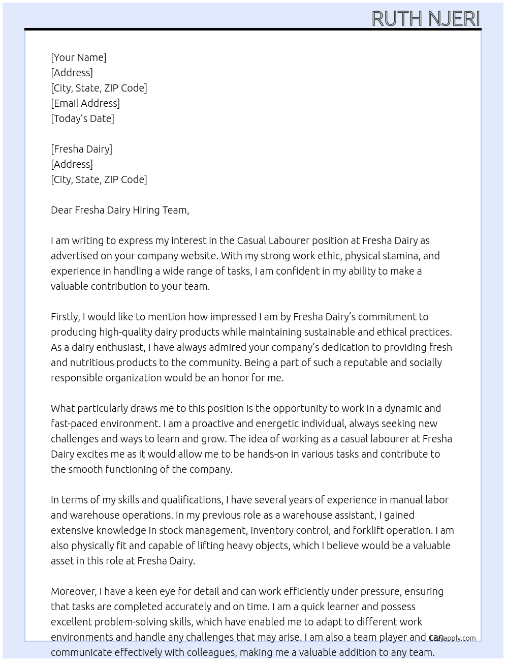 casual labourer At fresha dairy Cover Letter