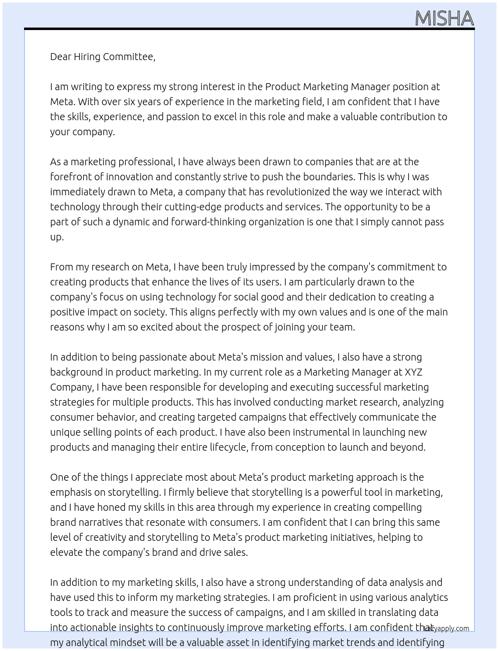 product marketing manager At Meta Cover Letter
