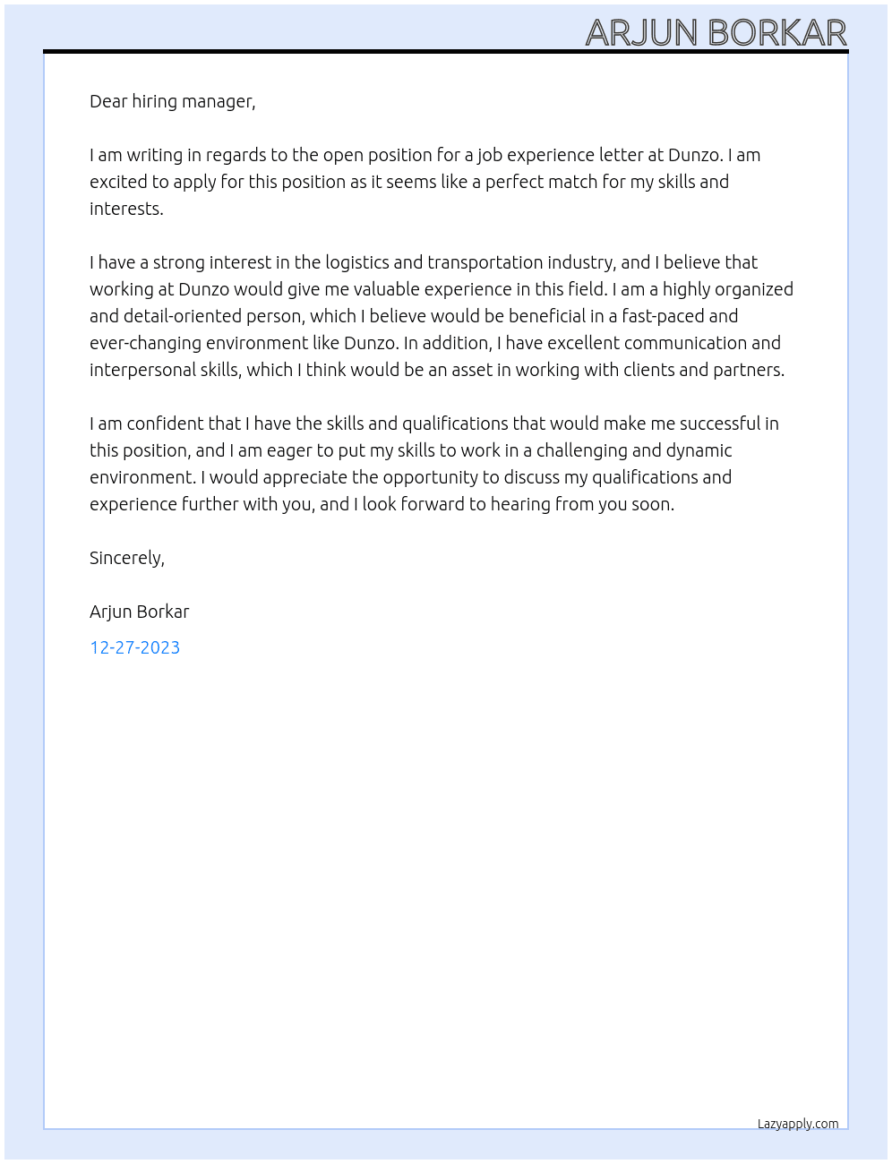 Dunzo job experience letter  At Dunzo Cover Letter