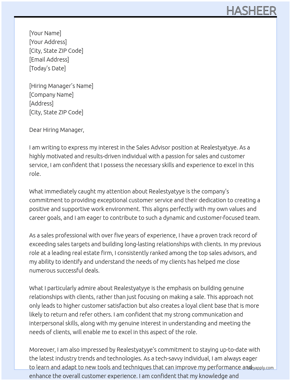 Sales advisor At Realestyatyye Cover Letter