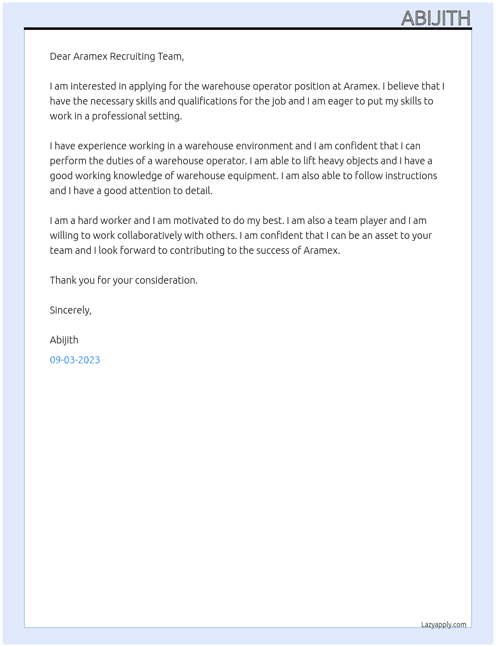 Warehouse operator At Aramex Cover Letter