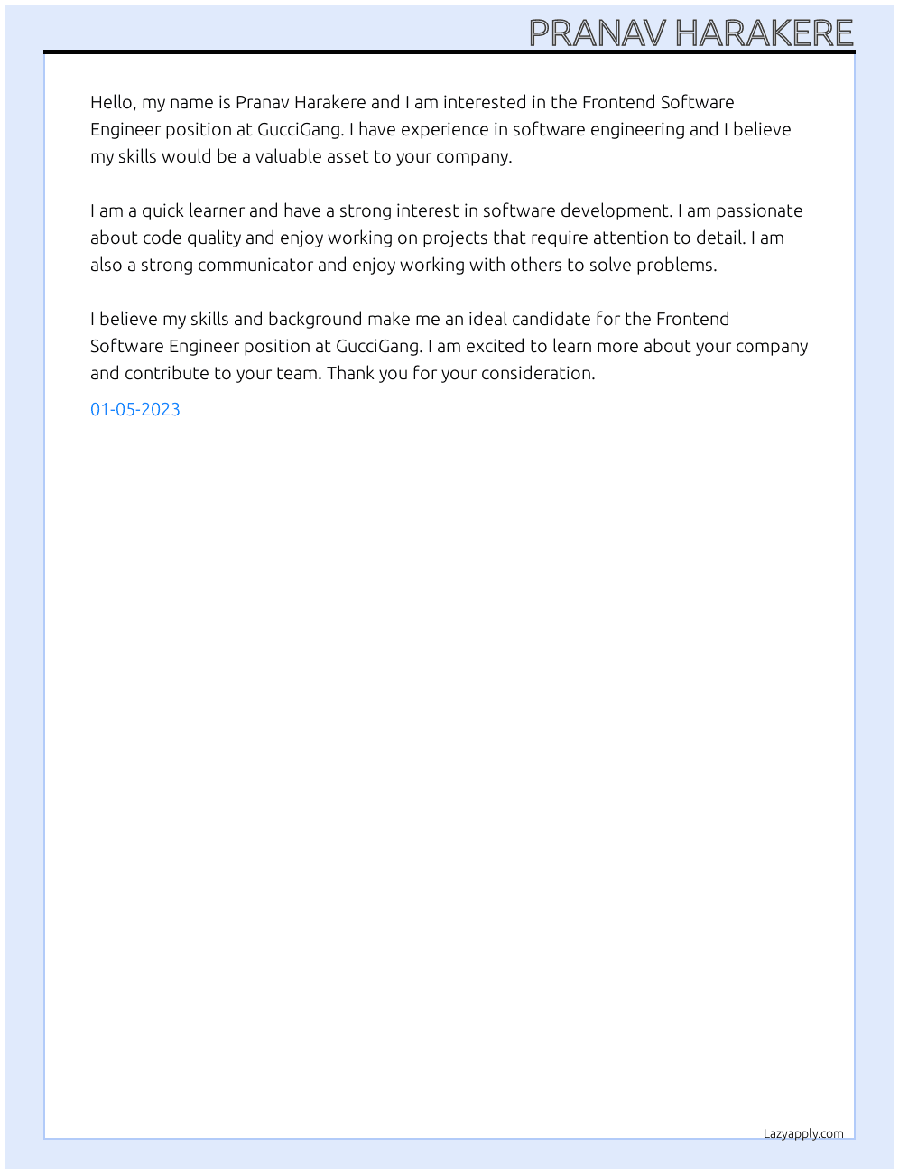 Frontend Software Engineer At GucciGang Cover Letter