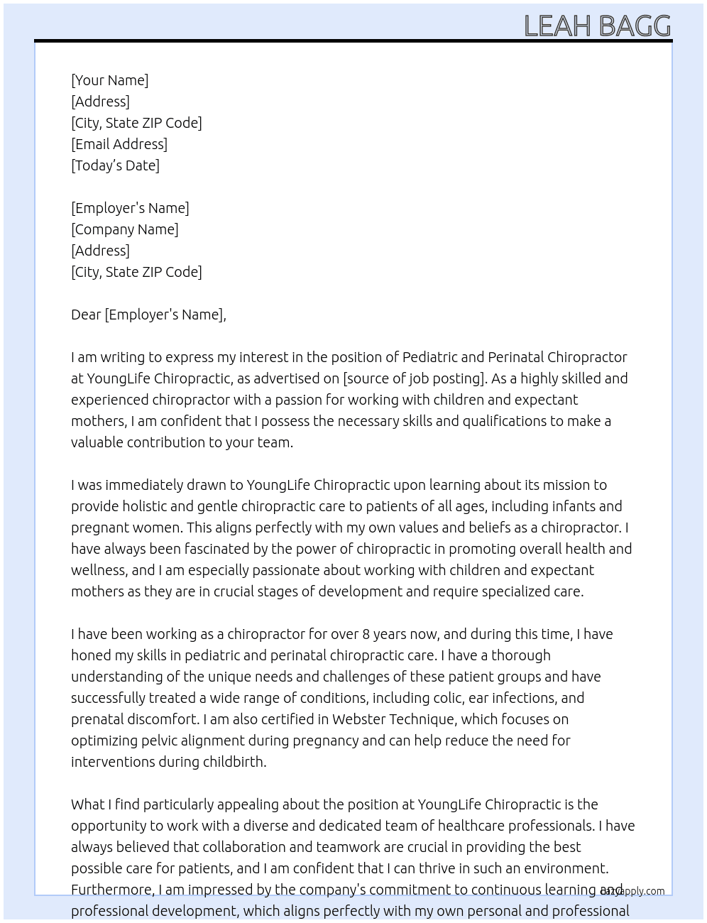 Pediatric and Perinatal Chiropractor At YoungLife Chiropractic Cover Letter