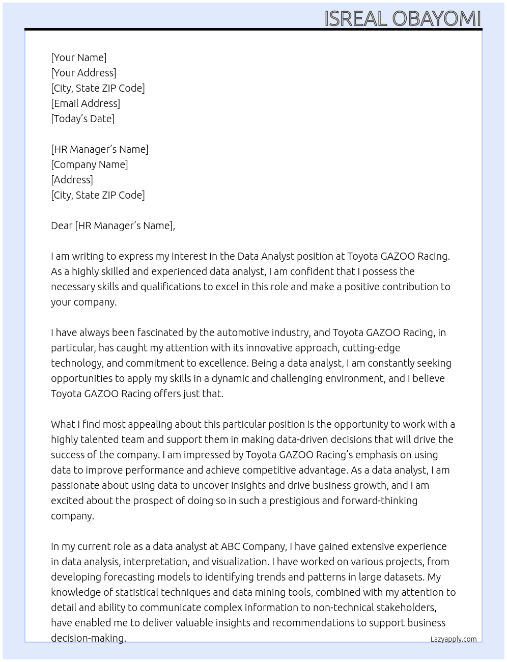 Data analyst  At Toyota GAZOO Racing  Cover Letter