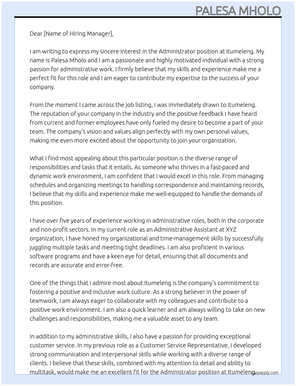 administrator At itumeleng Cover Letter