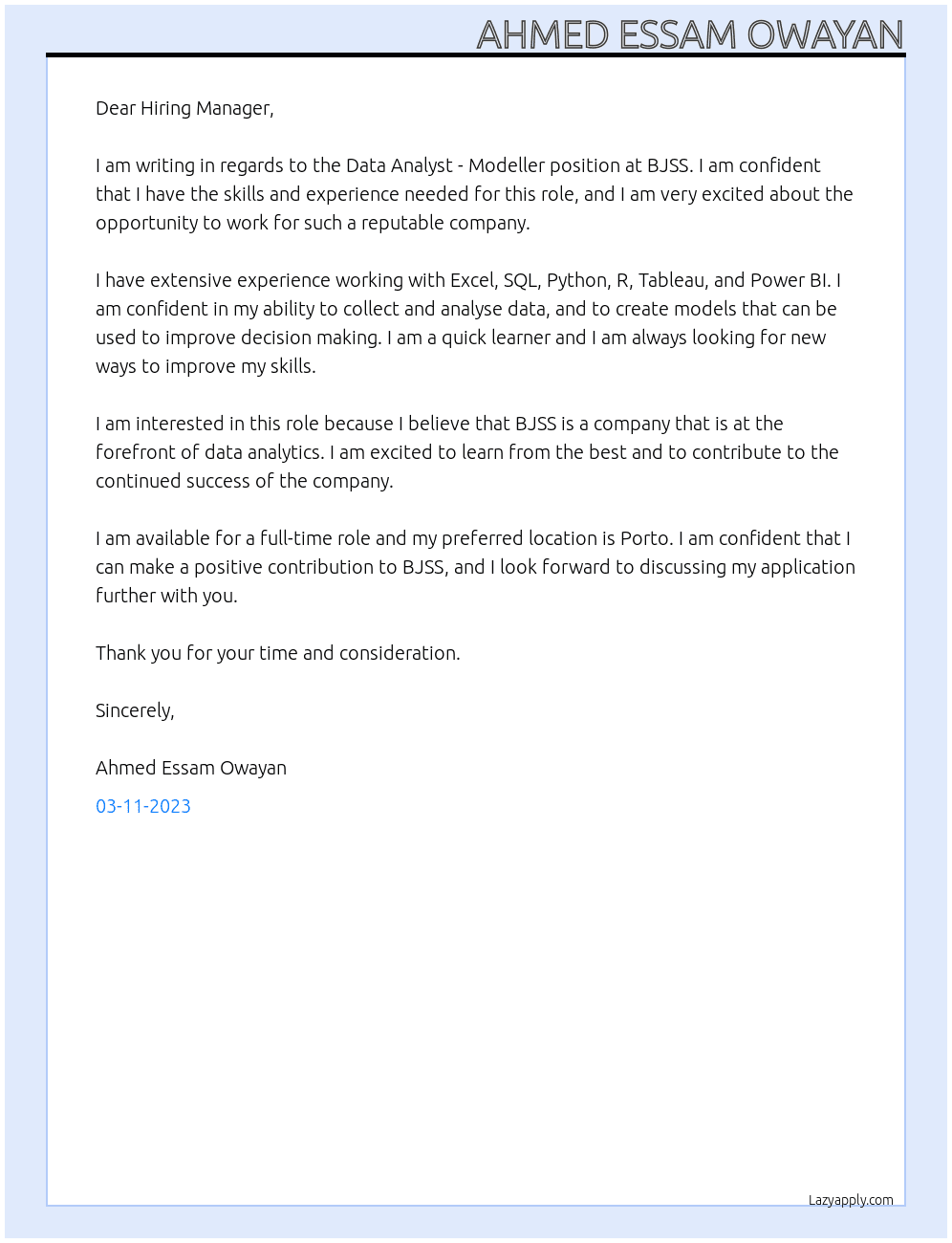 Data Analyst - Modeller At Flairstech, Vodafone UK, Spinneys Cover Letter