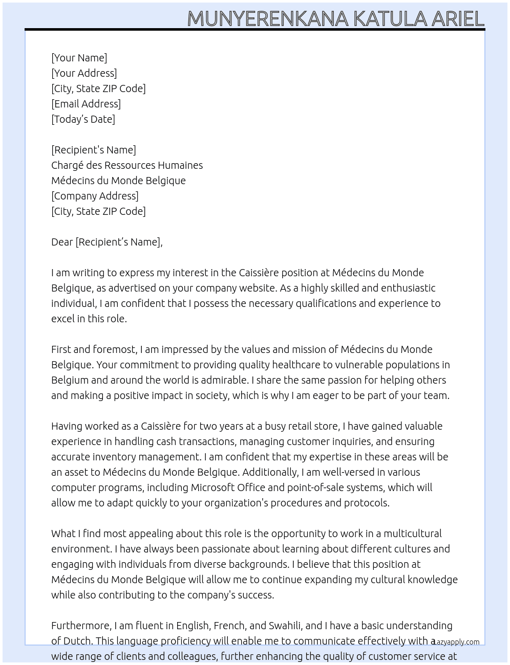 Caissière At Médecins du Monde Belgique  Cover Letter