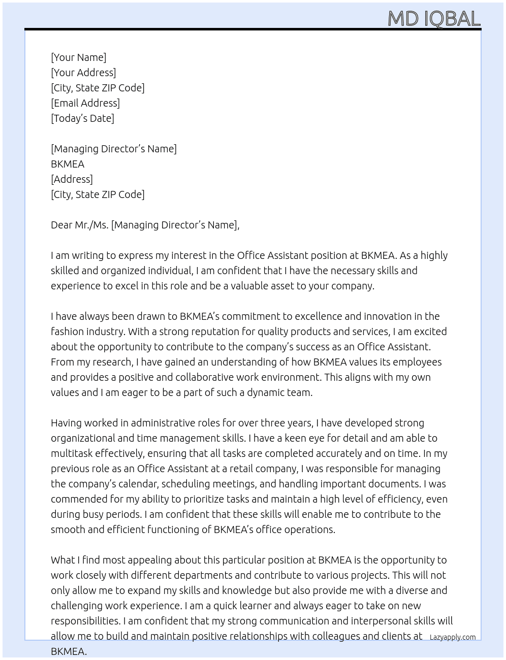 Office  assistant  At BKMEA Cover Letter