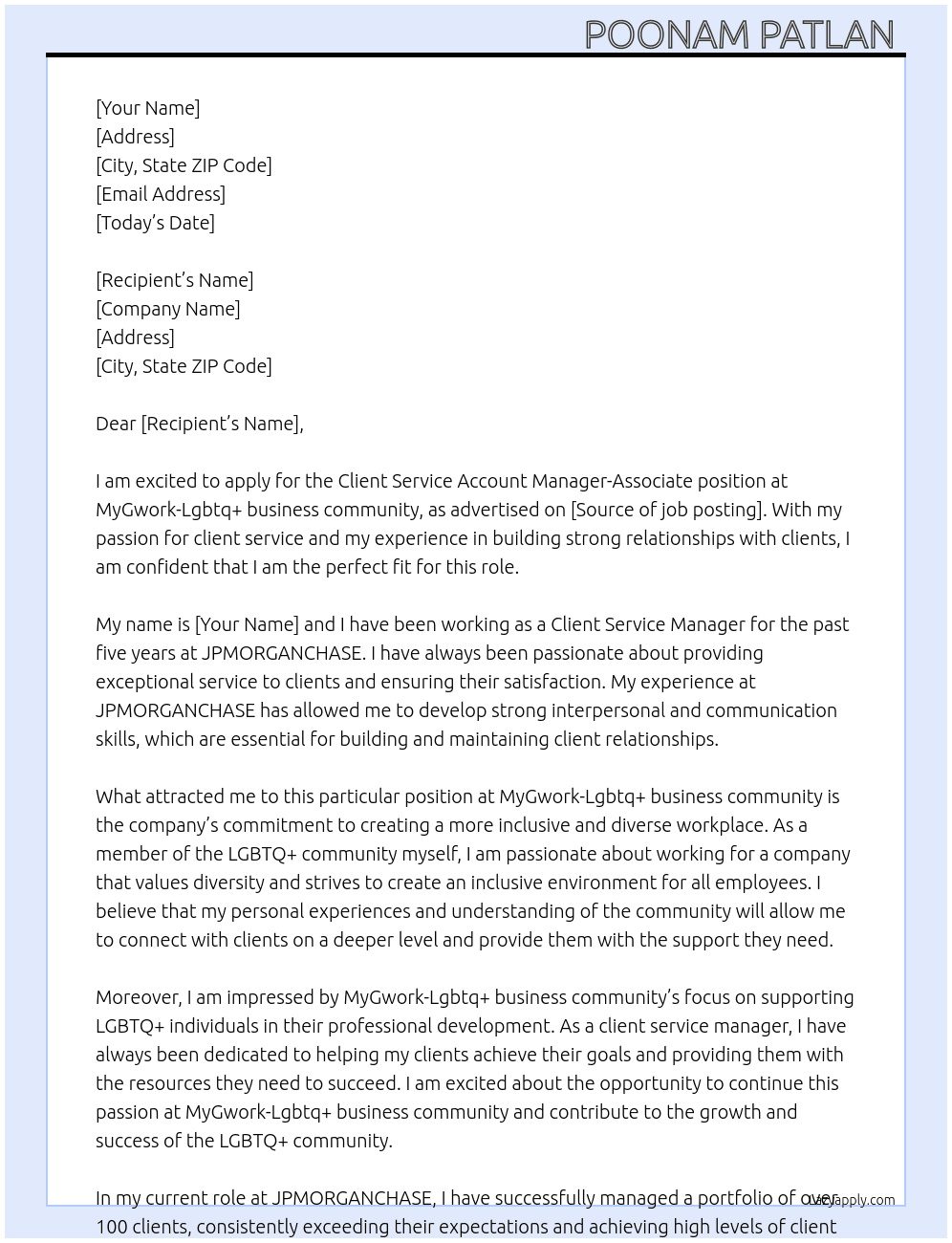 Client Service Account Manager-Associate At MyGwork-Lgbtq+ business community  Cover Letter