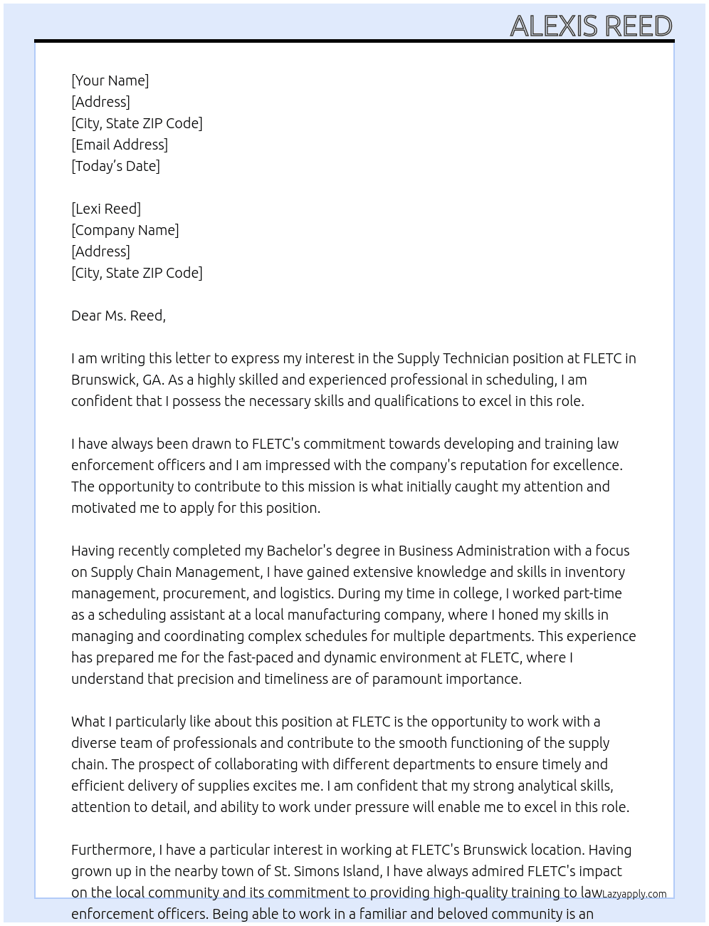 Supply Technician  At FLETC Cover Letter