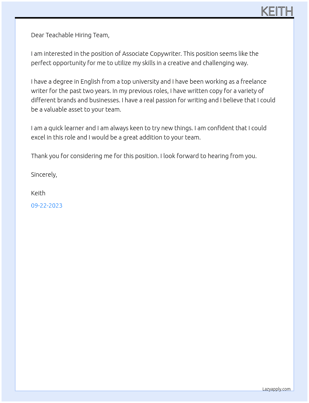 Associate copywriter At Teachable Cover Letter