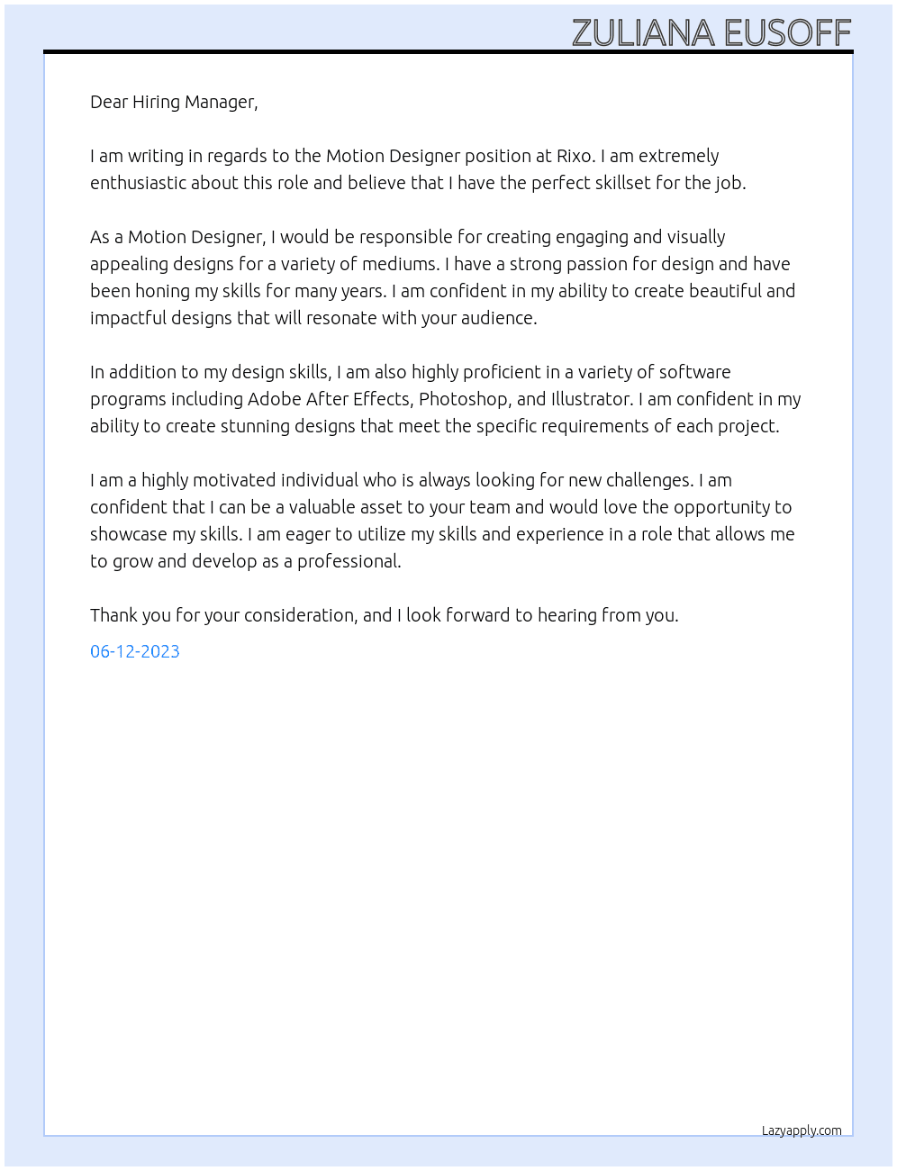 Motion Designer At Rixo Cover Letter