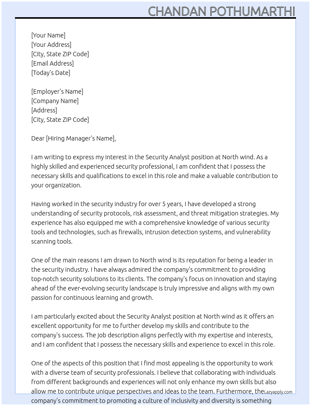 Security Analyst At North wind Cover Letter