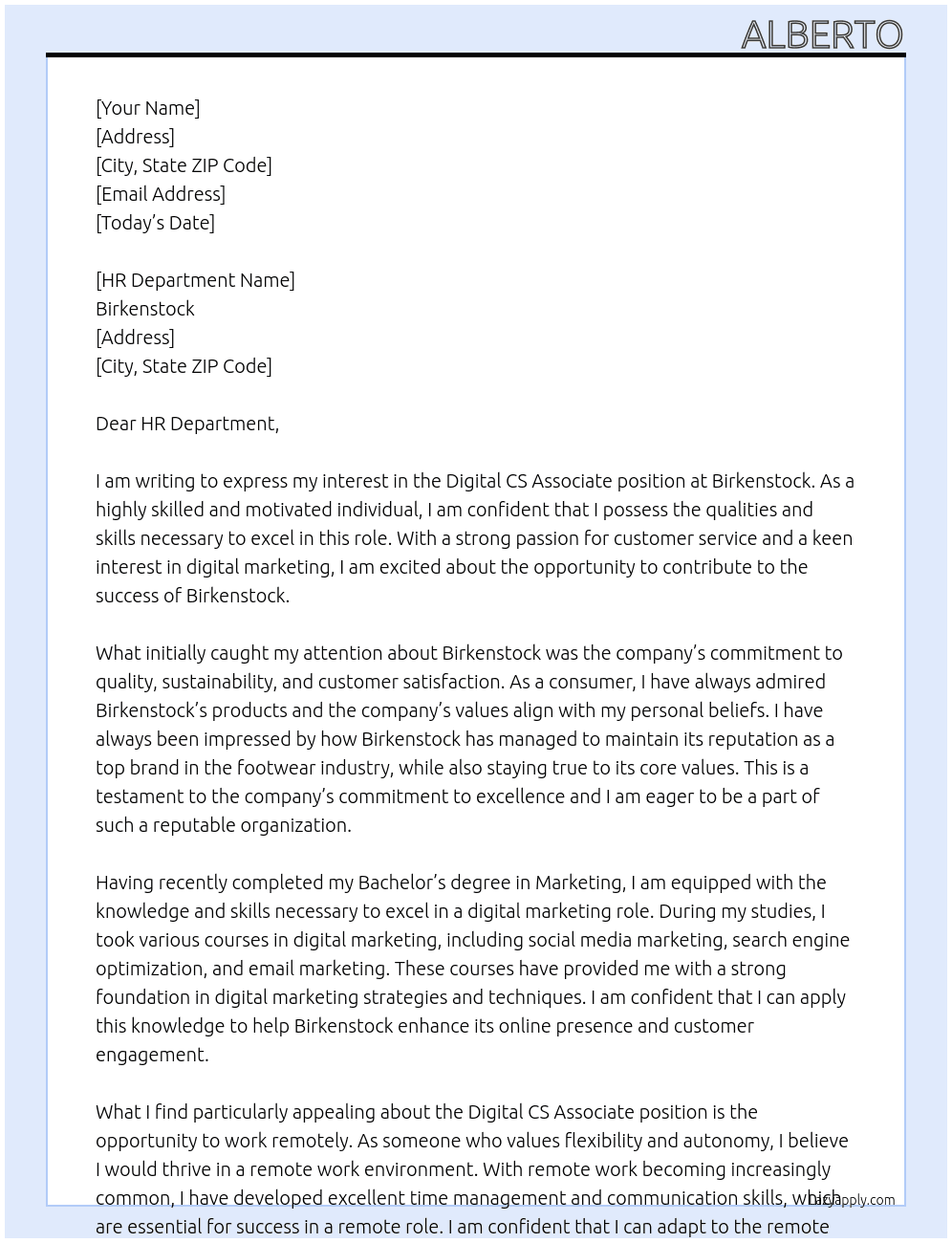 Digital CS Associate At Birkenstock Cover Letter