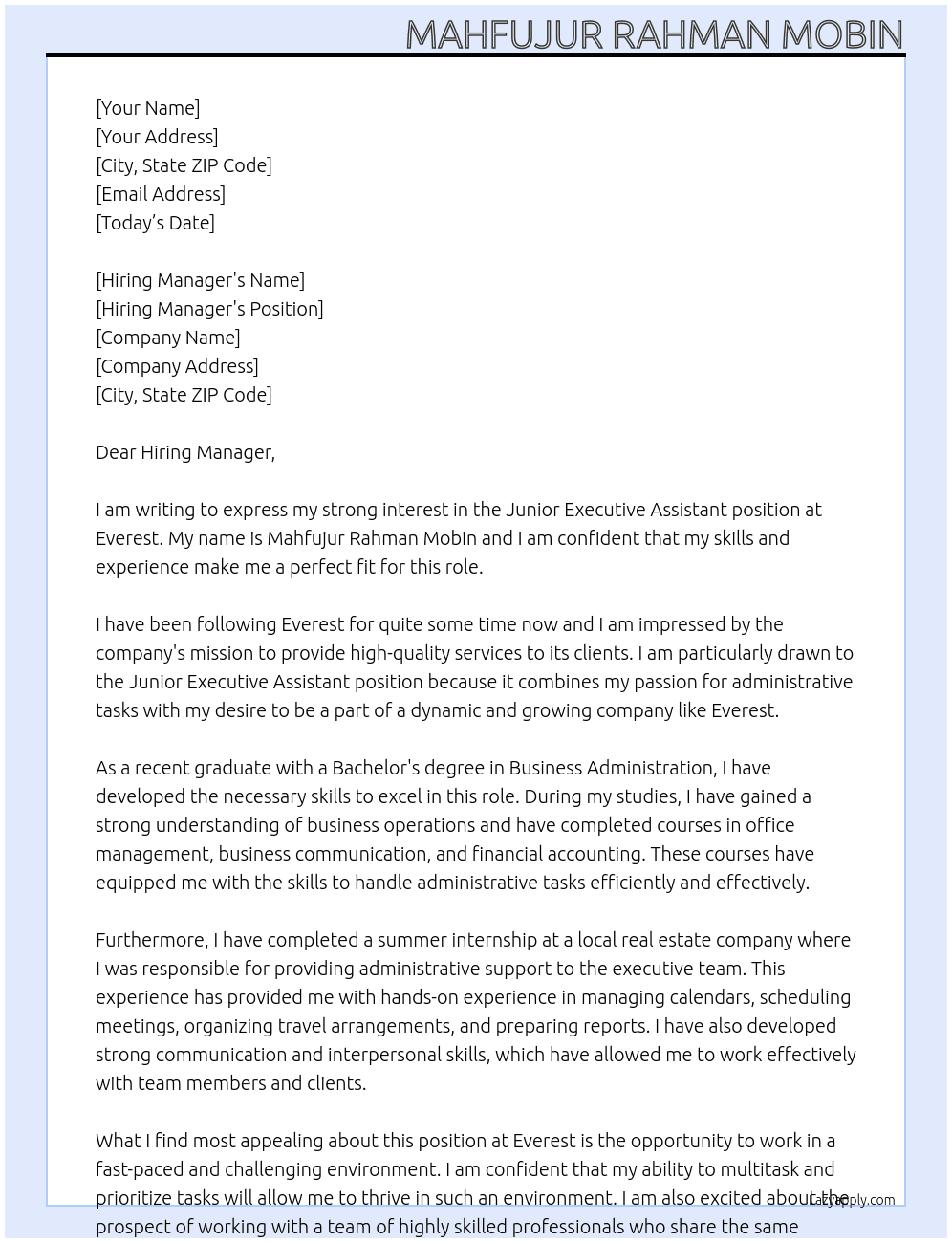Junior Executive Assistant  At Everest Cover Letter