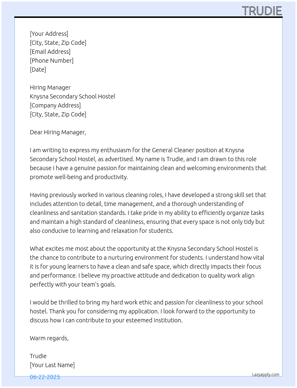 general Cleaner At Knysna secondary school hostel Cover Letter