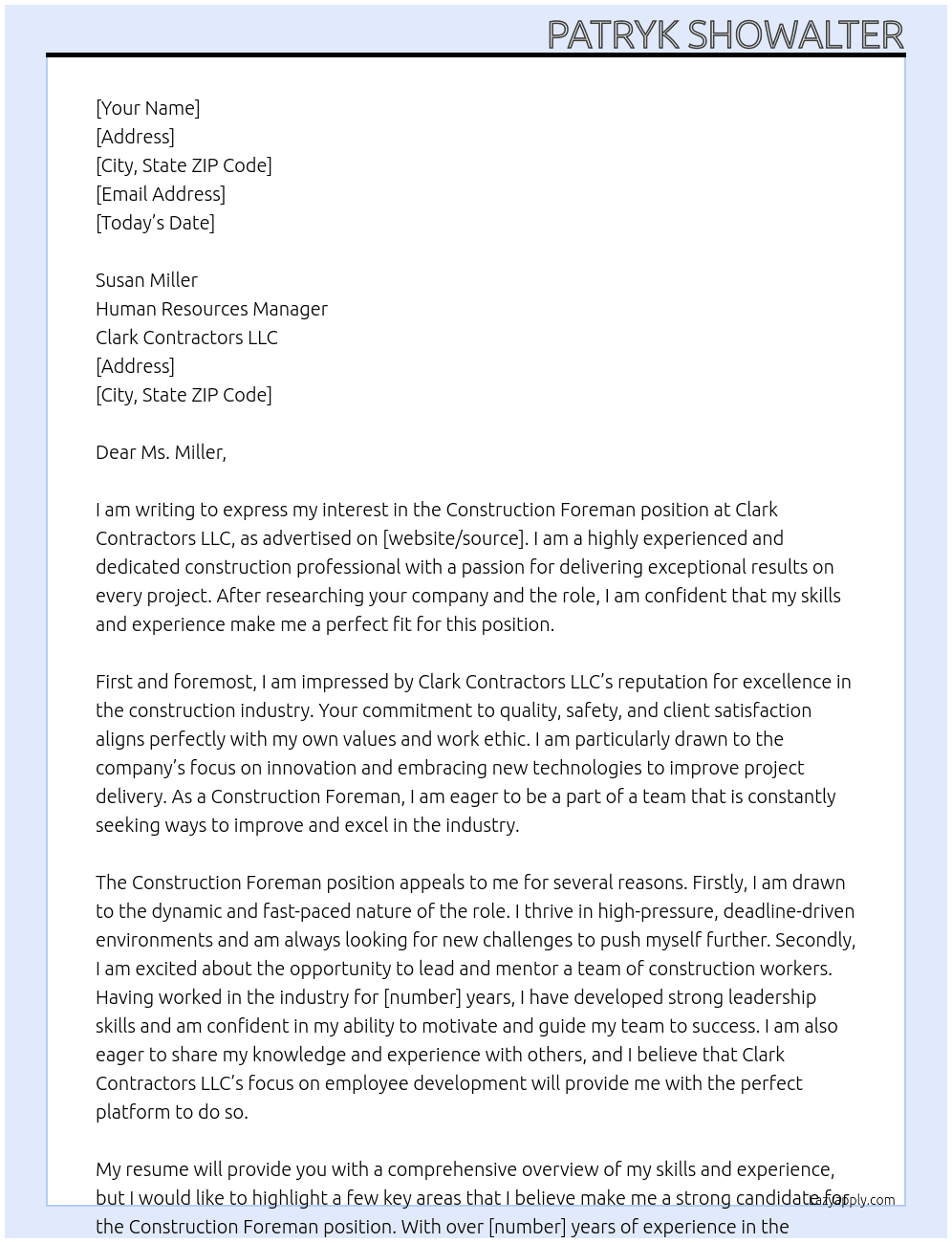 Cover letter for construction foreman - LazyApply