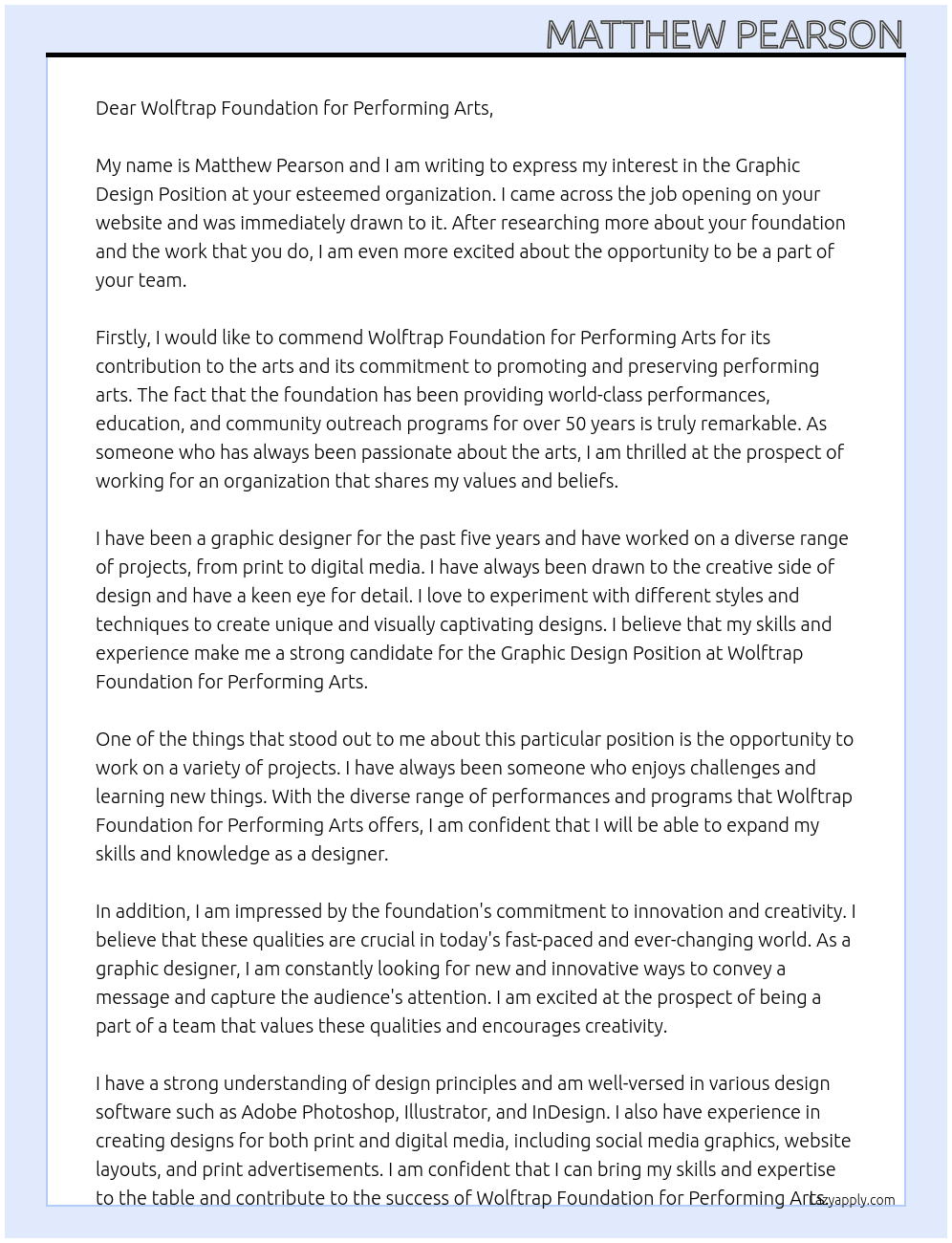 Graphic Design Position At Wolftrap Foundation for Performing Arts Cover Letter