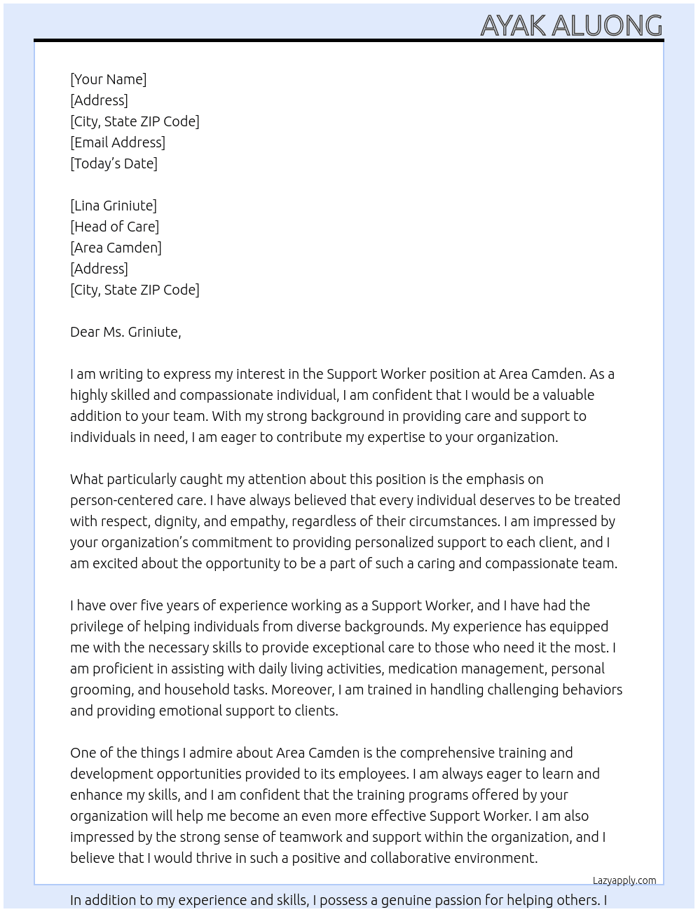 Support worker At Area camden Cover Letter