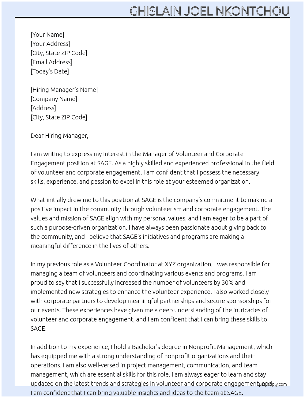 Manager of Volunteer and Corporate Engagement At SAGE Cover Letter