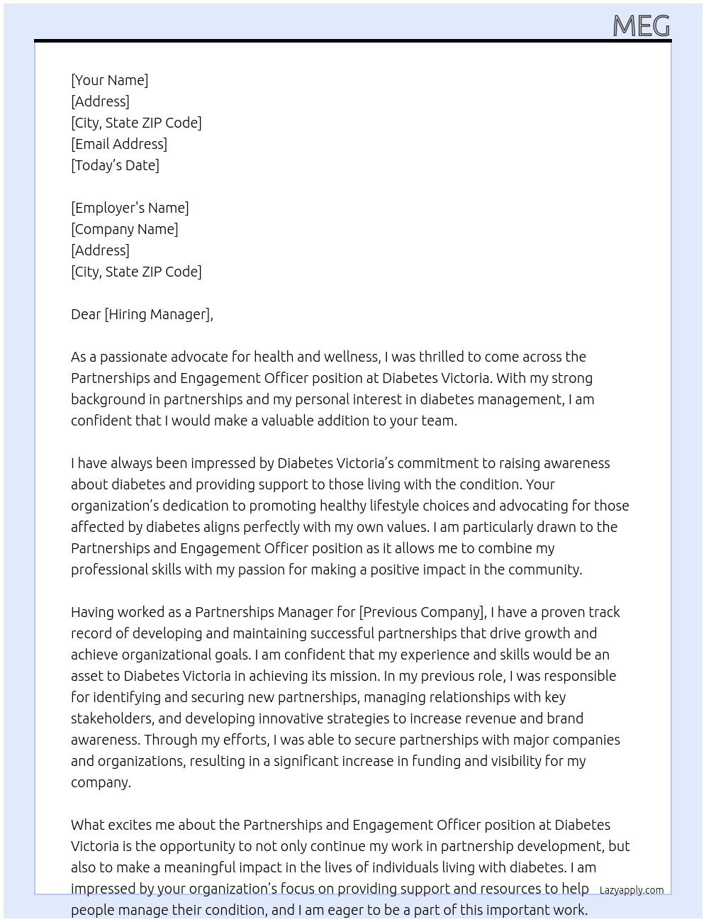 Partnerships and Engagement Officer At diabetes victoria Cover Letter