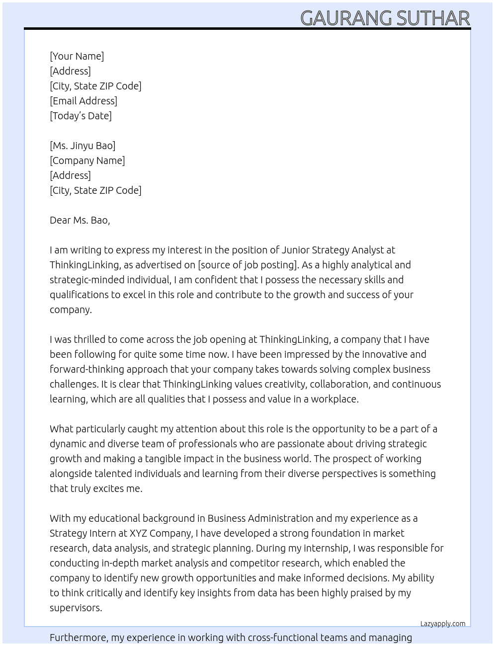 Junior Stretagy Analyst At ThinkingLinking Cover Letter