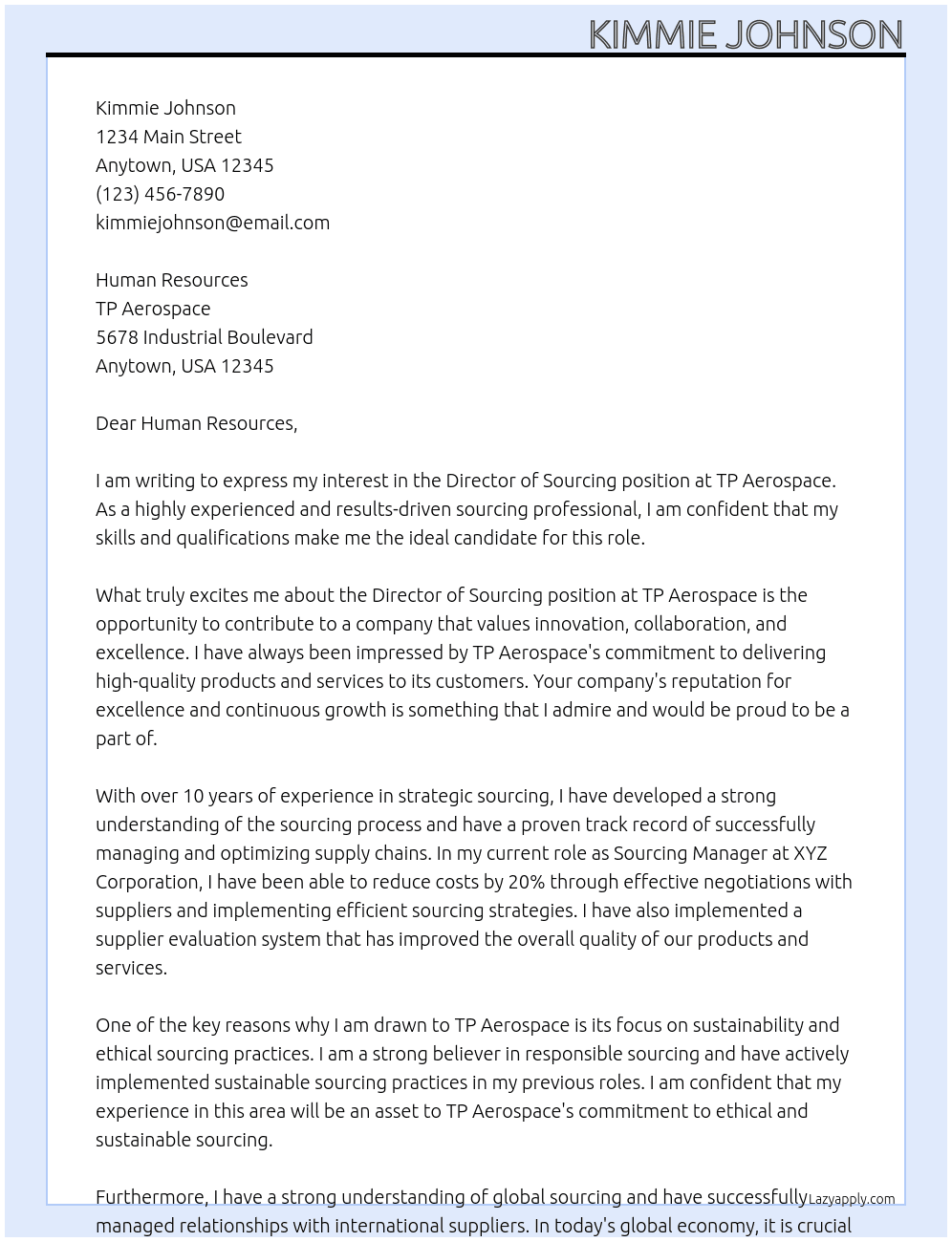 Director of Sourcing At TP Aerospace Cover Letter