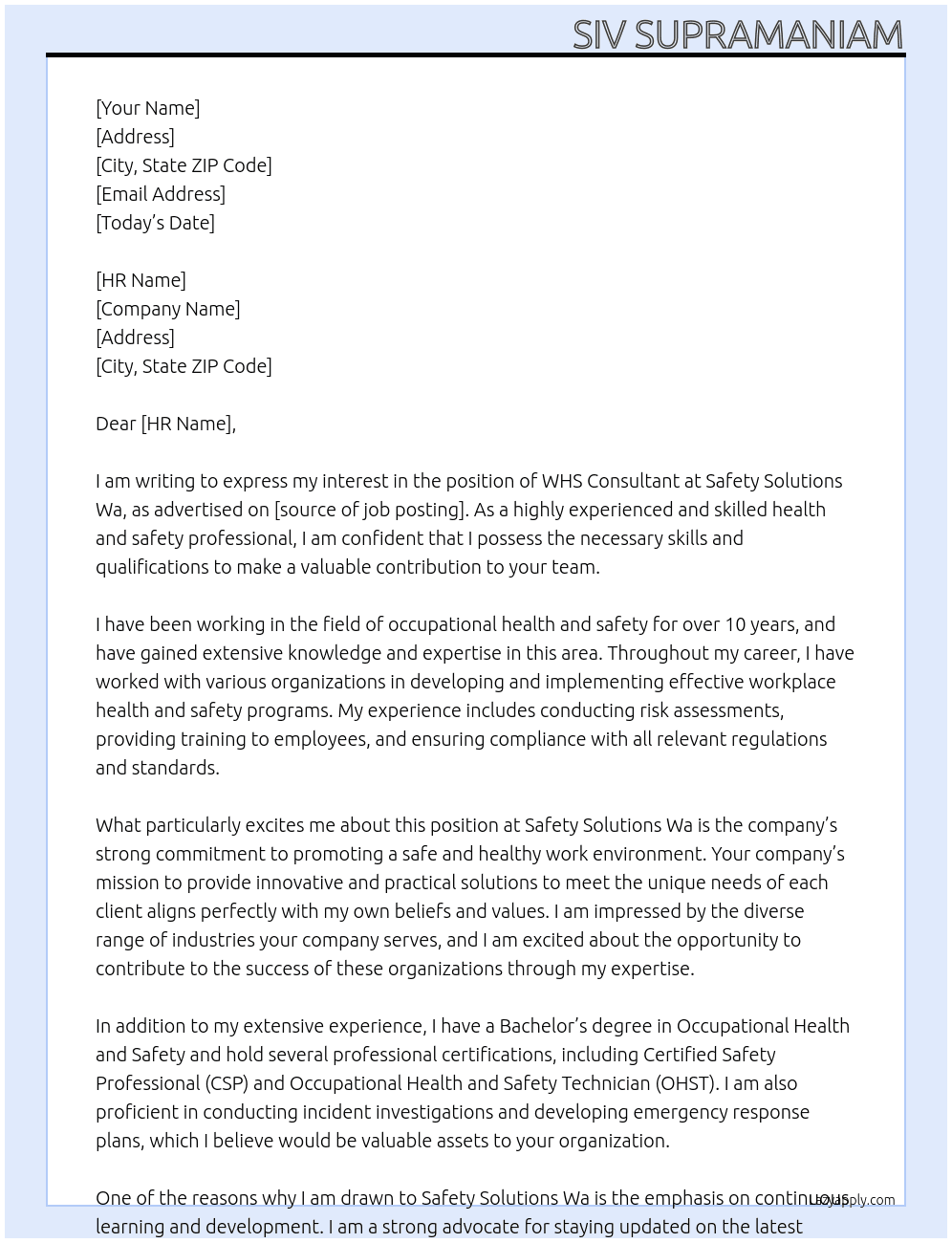 WHS consultant At Safety Solutions Wa Cover Letter