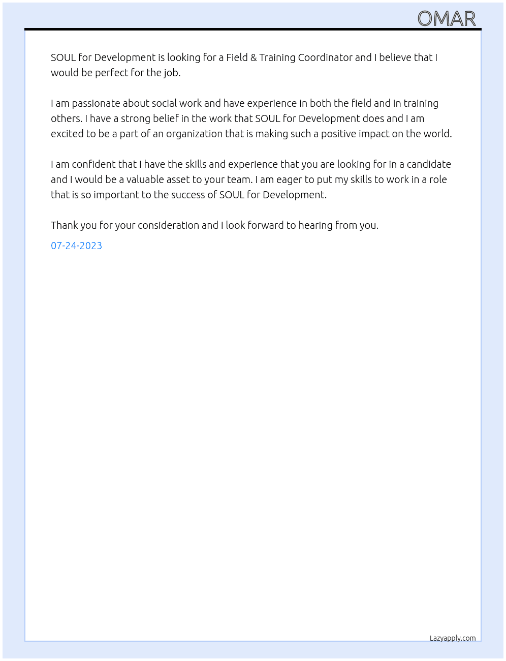 Field & Training Coordinator At SOUL for Development Cover Letter
