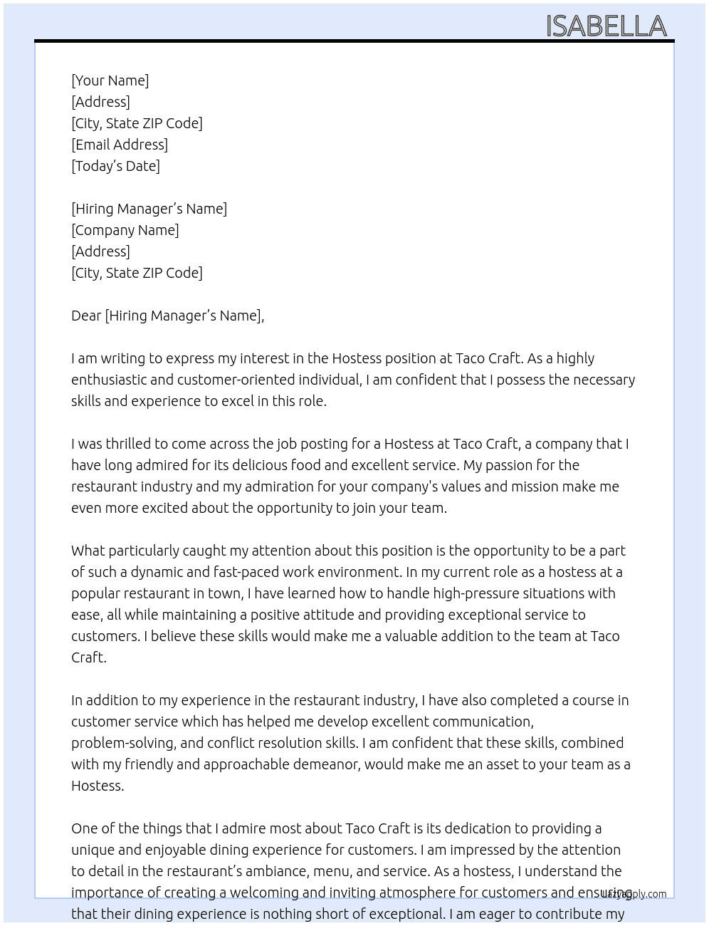 hostess At taco craft  Cover Letter