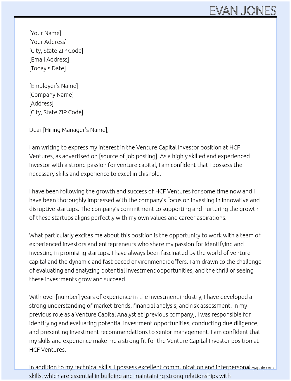 Venture Capital Investor At HCF Ventures Cover Letter
