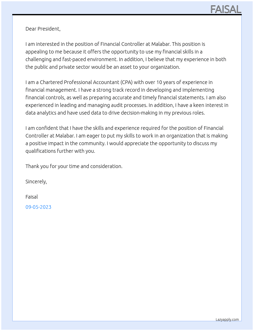 Financial Controller At Malabar Cover Letter