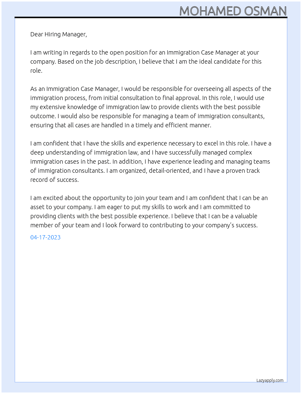 Immigration Case Manager At Immigration Consultant Firm Cover Letter