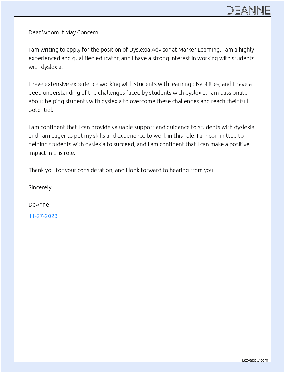 Dyslexia Advisor At Marker Learning Cover Letter