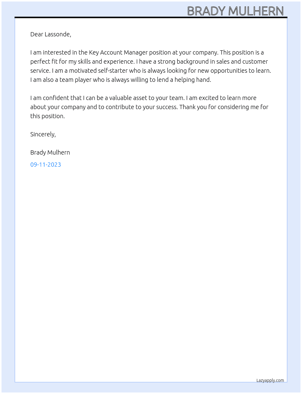 Key Account Manager  At Lassonde Cover Letter