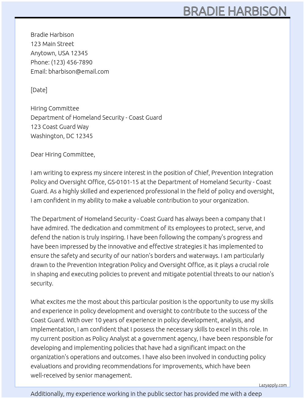 Chief, Prevention Integration Policy and Oversight Office, GS-0101-15 At DEPARTMENT OF HOMELAND SECURITY - Coast Guard Cover Letter