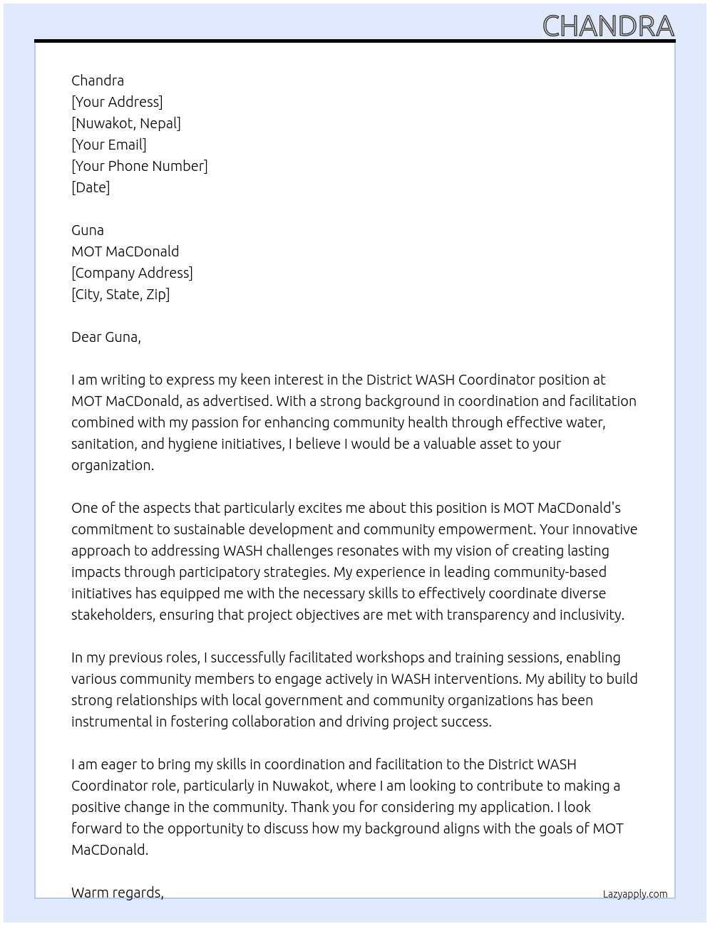 Cover letter for district wash coordinator - LazyApply
