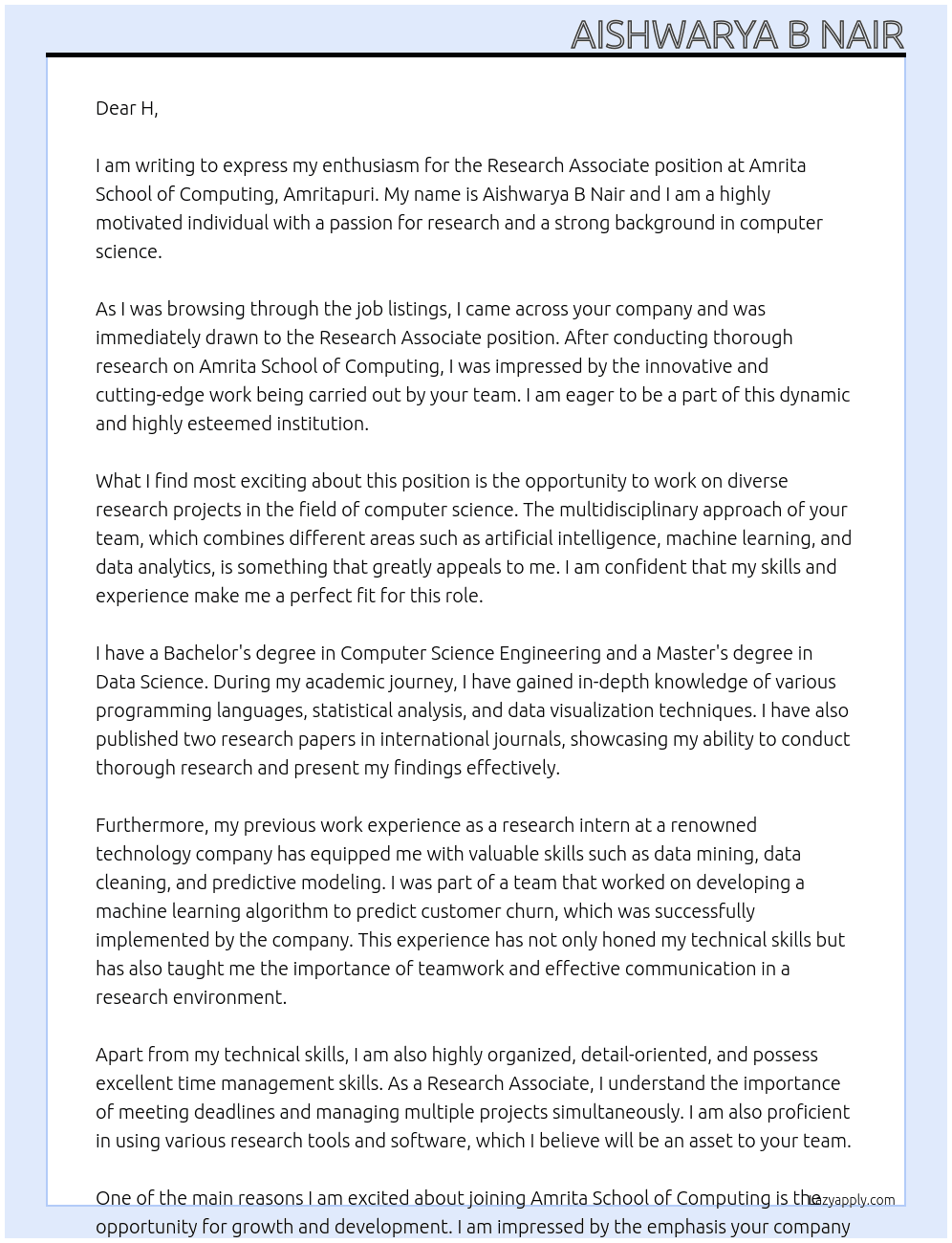 Research Associate At Amrita School of Computing, Amritapuri Cover Letter
