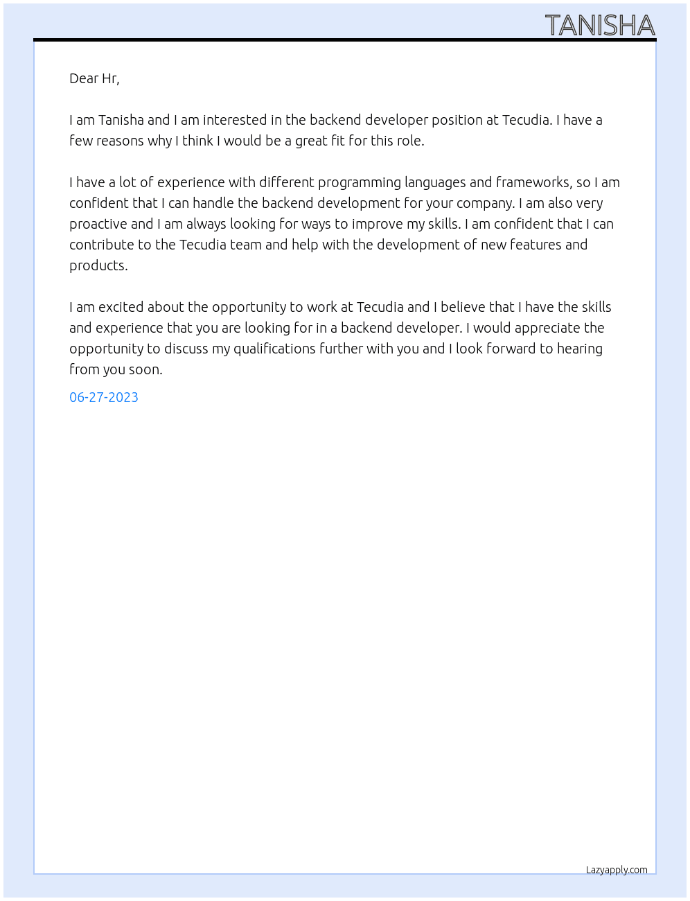 backend developer At Tecudia Cover Letter