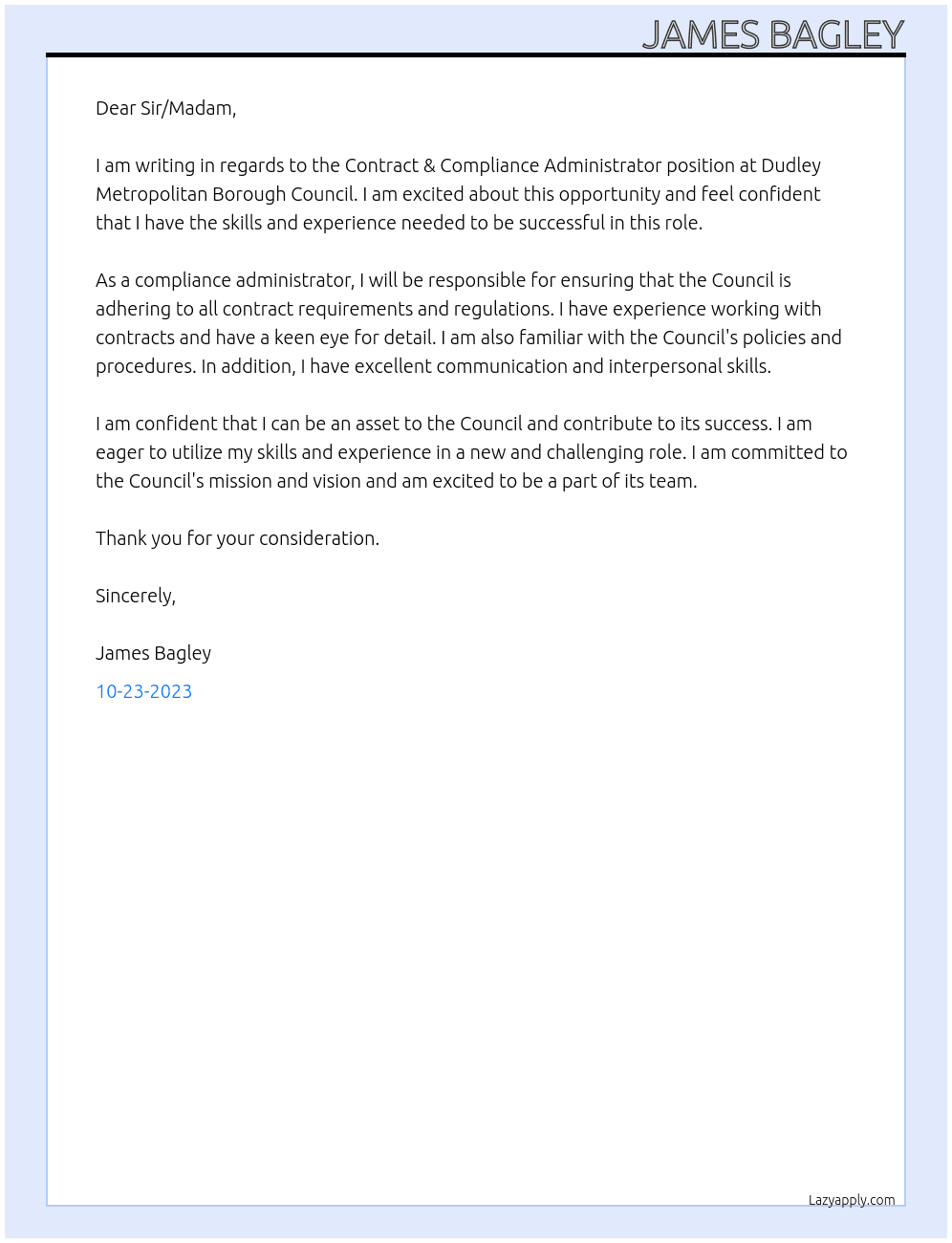Contract & Compliance Administrator At Dudley Metropolitan Borough Council Cover Letter