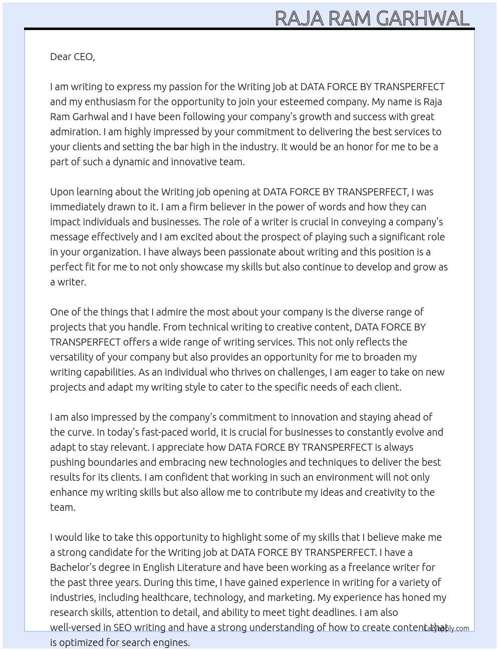Writing job At DATA FORCE BY TRANSPERFECT  Cover Letter