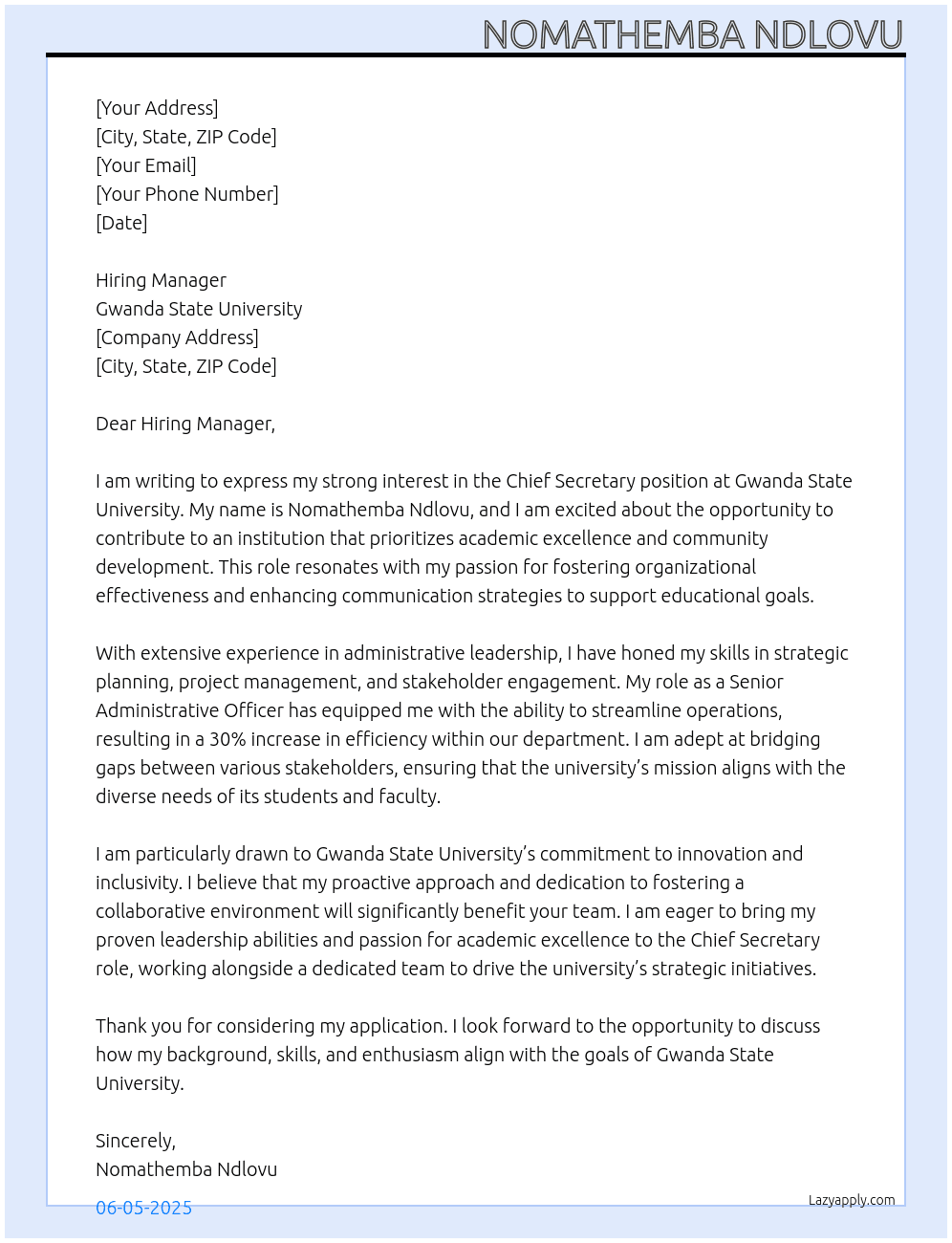 Chief Secretary  At Gwanda State University  Cover Letter