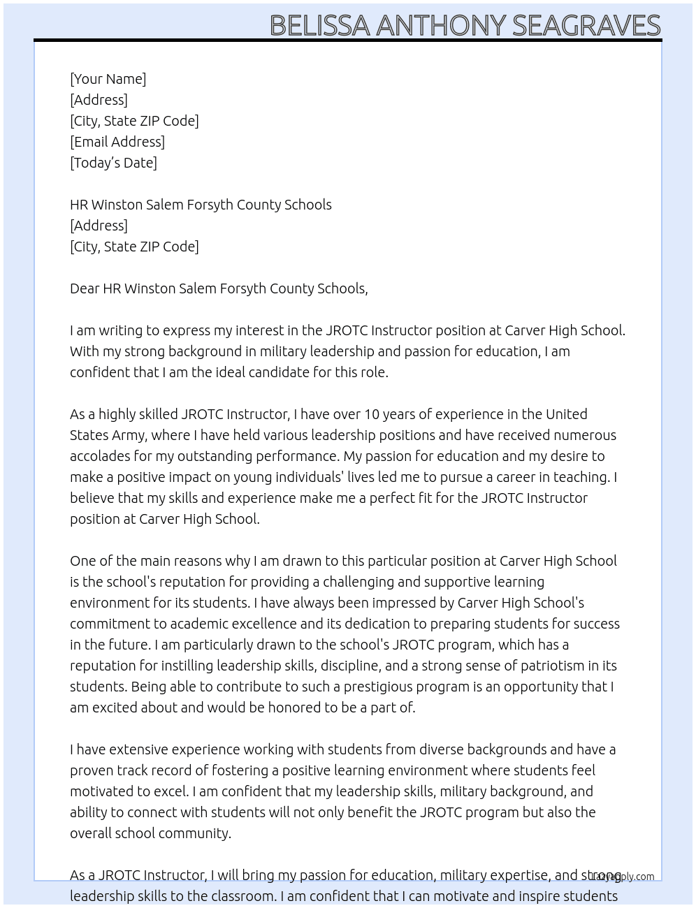 JROTC Instructor At Carver High School Cover Letter