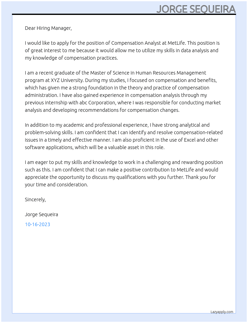 Compensation Analyst At MetLife Cover Letter